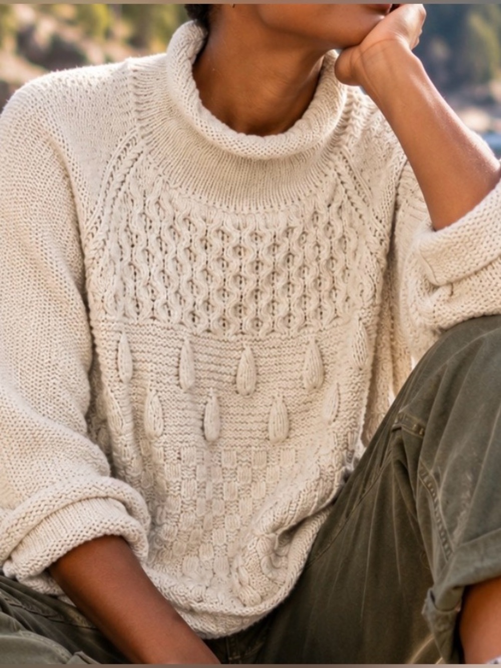 Style New York Natural Fiber Raglan Sleeve Cable-Knit Handmade Mockneck Sweater